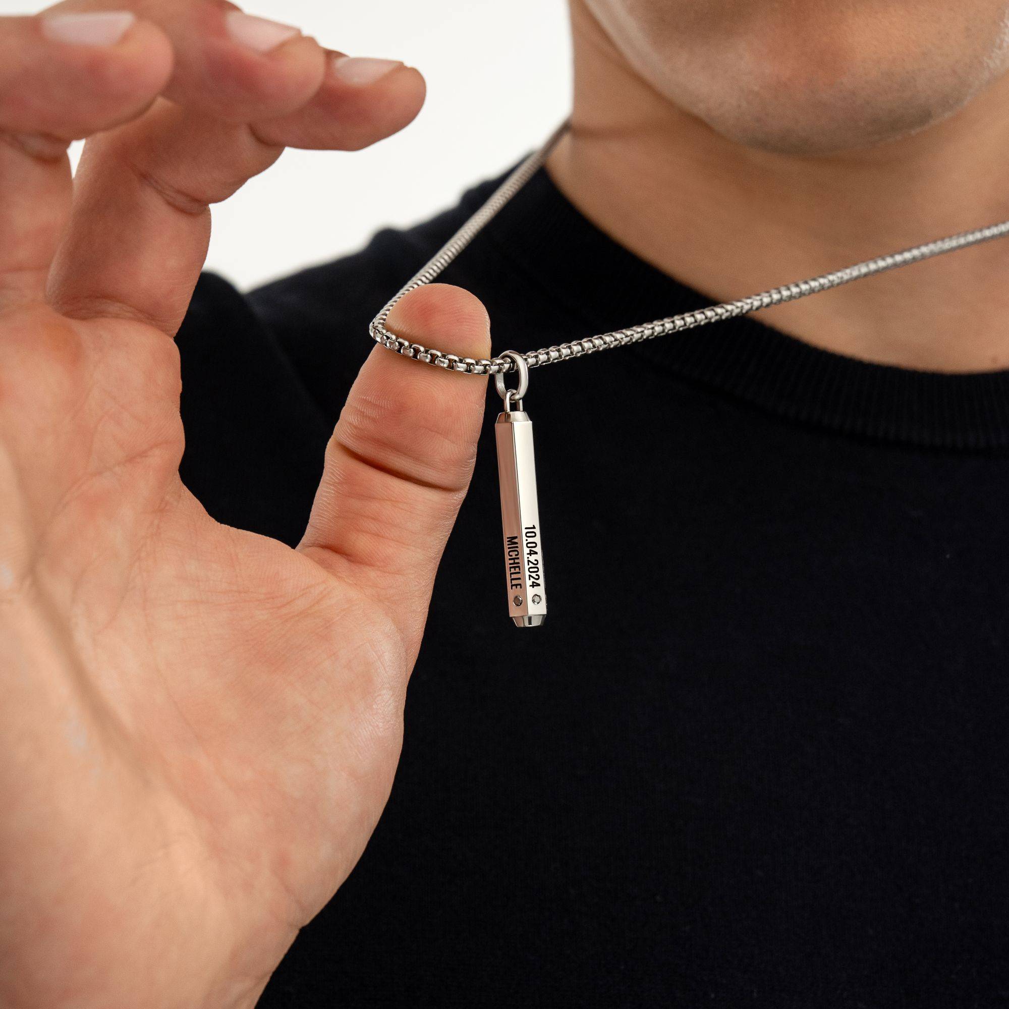 3D Engraved Hexagon Bar Necklace with Diamonds for Men in Stainless Steel-5 product photo