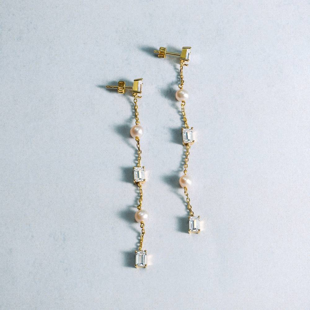 All Night Moissanite & Pearl Drop Earrings in Gold Plating-3 All Night Moissanite & Pearl Drop Earrings in Gold Plating-3 product photo