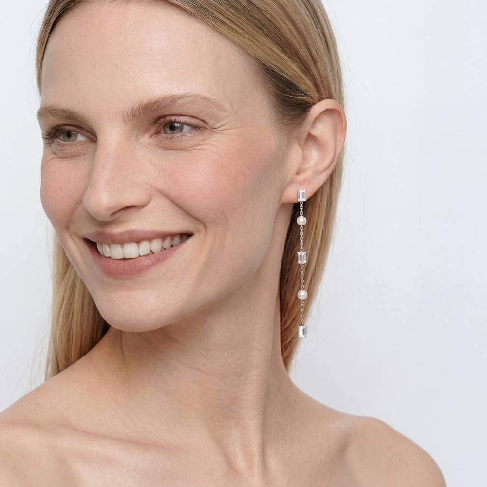 All Night Moissanite & Pearl Drop Earrings in Silver-1 All Night Moissanite & Pearl Drop Earrings in Silver-1 product photo