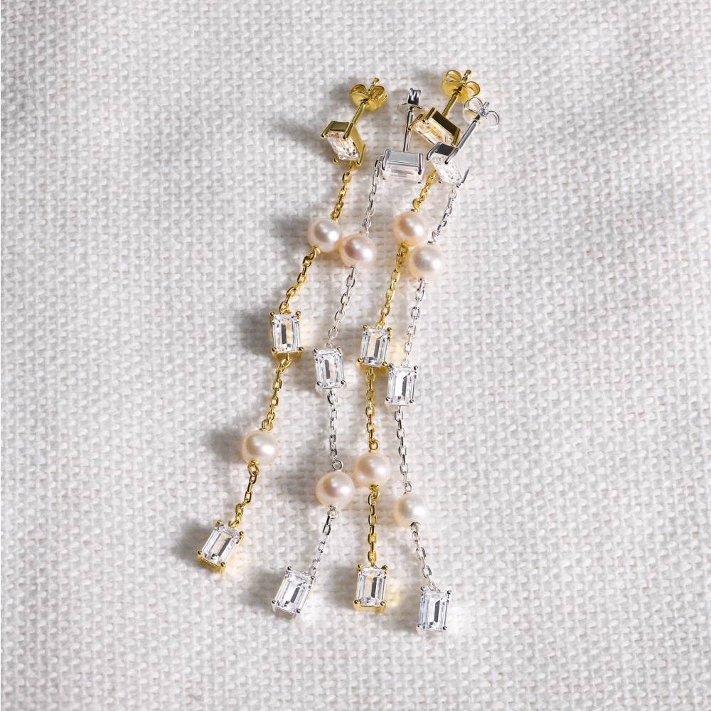 All Night Moissanite & Pearl Drop Earrings in Silver-3 All Night Moissanite & Pearl Drop Earrings in Silver-3 product photo