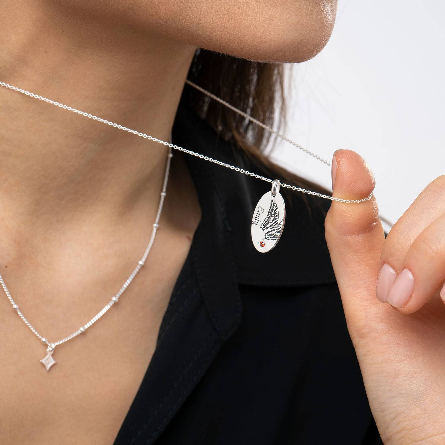 Birth Butterfly & Stone Layered Necklace in Sterling Silver-6 product photo