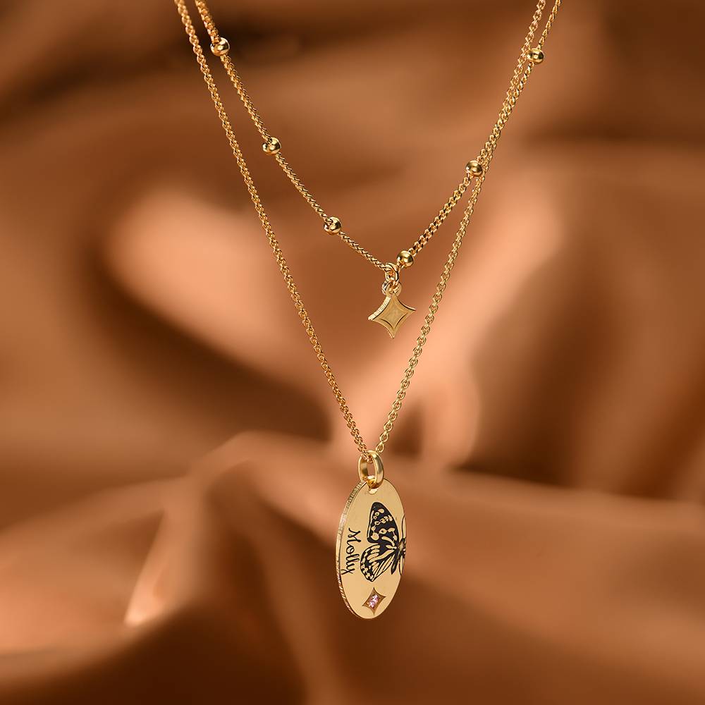 Birth Butterfly & Stone Layered Necklace in 18K Gold Plating-1 Birth Butterfly & Stone Layered Necklace in 18K Gold Plating-1 product photo