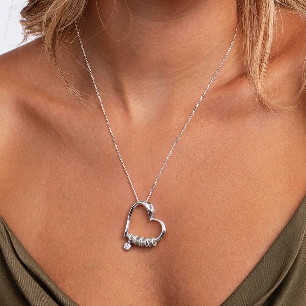 Charming Heart Necklace with Engraved Beads & 0.10CT Diamond in Silver-4 product photo