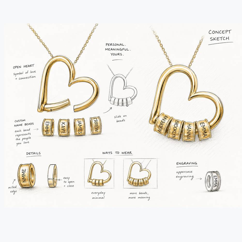 Charming Heart Necklace with Engraved Beads in 10K Solid Yellow