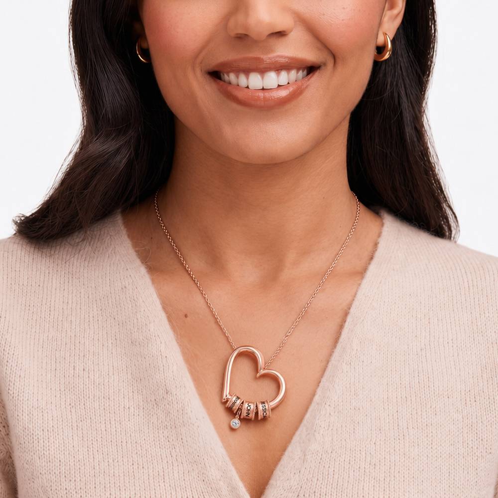 Charming Heart Necklace with Engraved Beads & 0.25CT Diamond in Rose Gold Plating-4 product photo