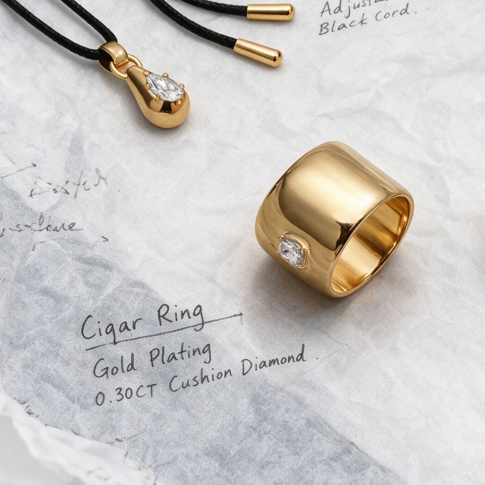 Cigar Ring in Gold Plating with 0.30CT Cushion Diamond-3 product photo