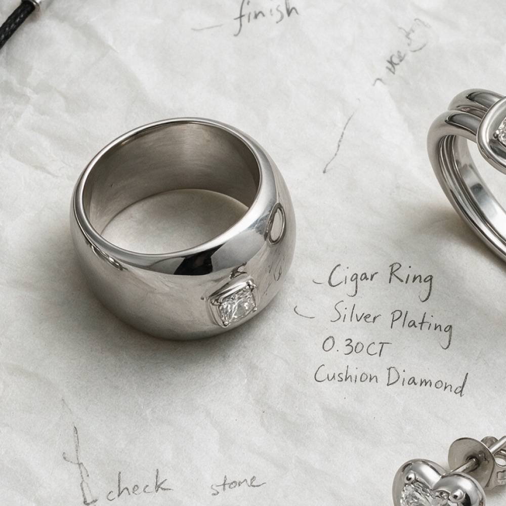 Cigar Ring in Silver Plating with 0.30CT Cushion Diamond-2 product photo