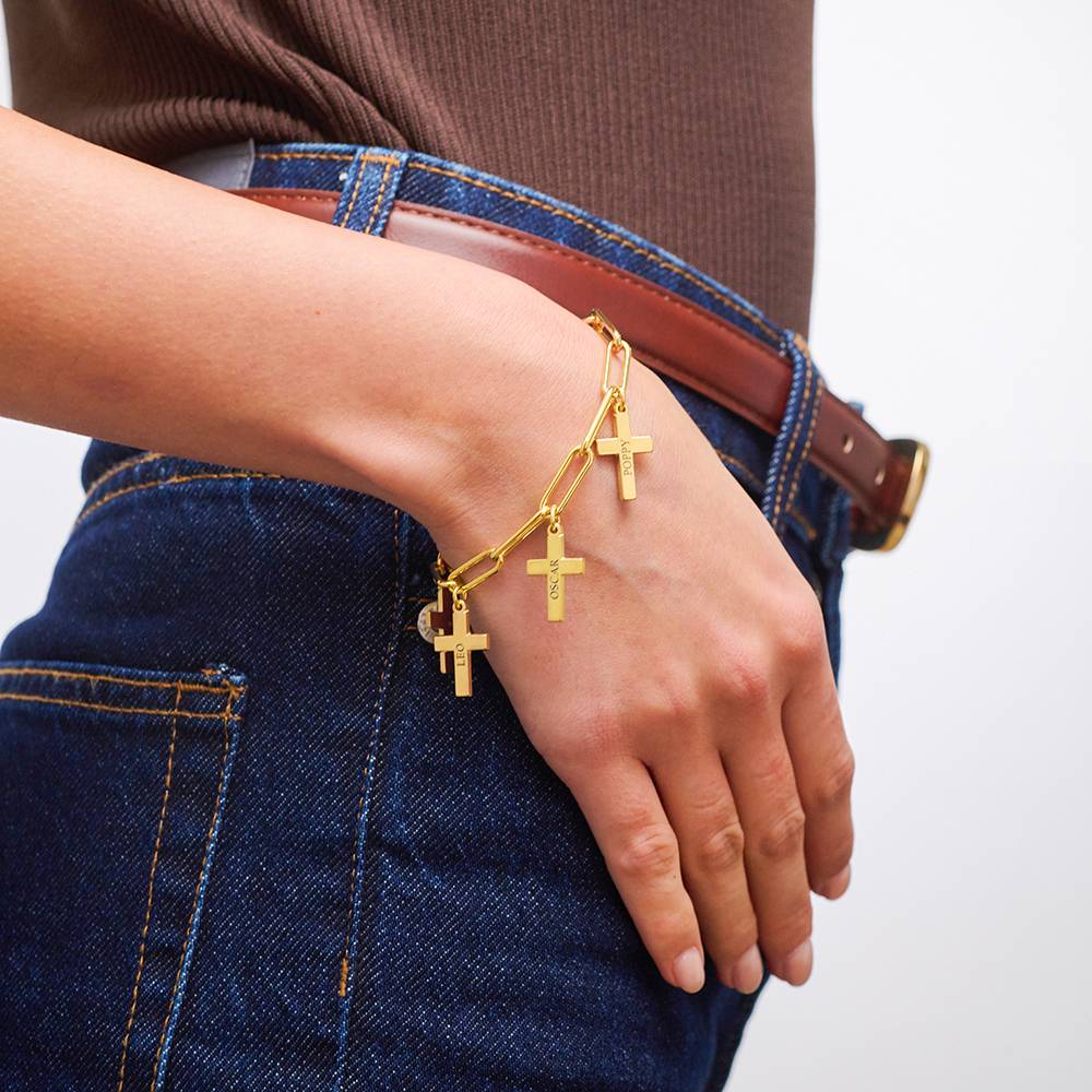 Cross Chain Link Bracelet with Custom Charms in 18K Gold Vermeil-3 product photo