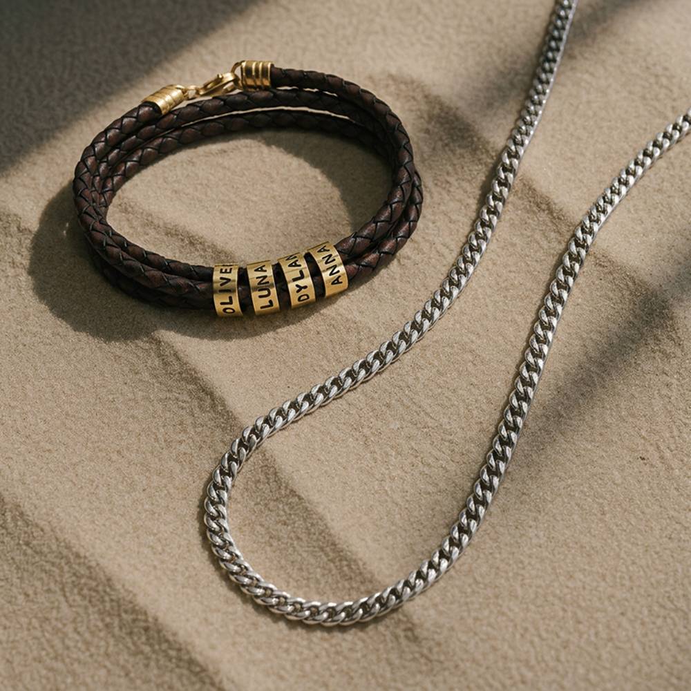 Last Minute Pack "Navigator Brown Braided Leather Bracelet for Men with Custom Beads in 14K Solid Yellow Gold"-1 Last Minute Pack "Navigator Brown Braided Leather Bracelet for Men with Custom Beads in 14K Solid Yellow Gold"-1 product photo