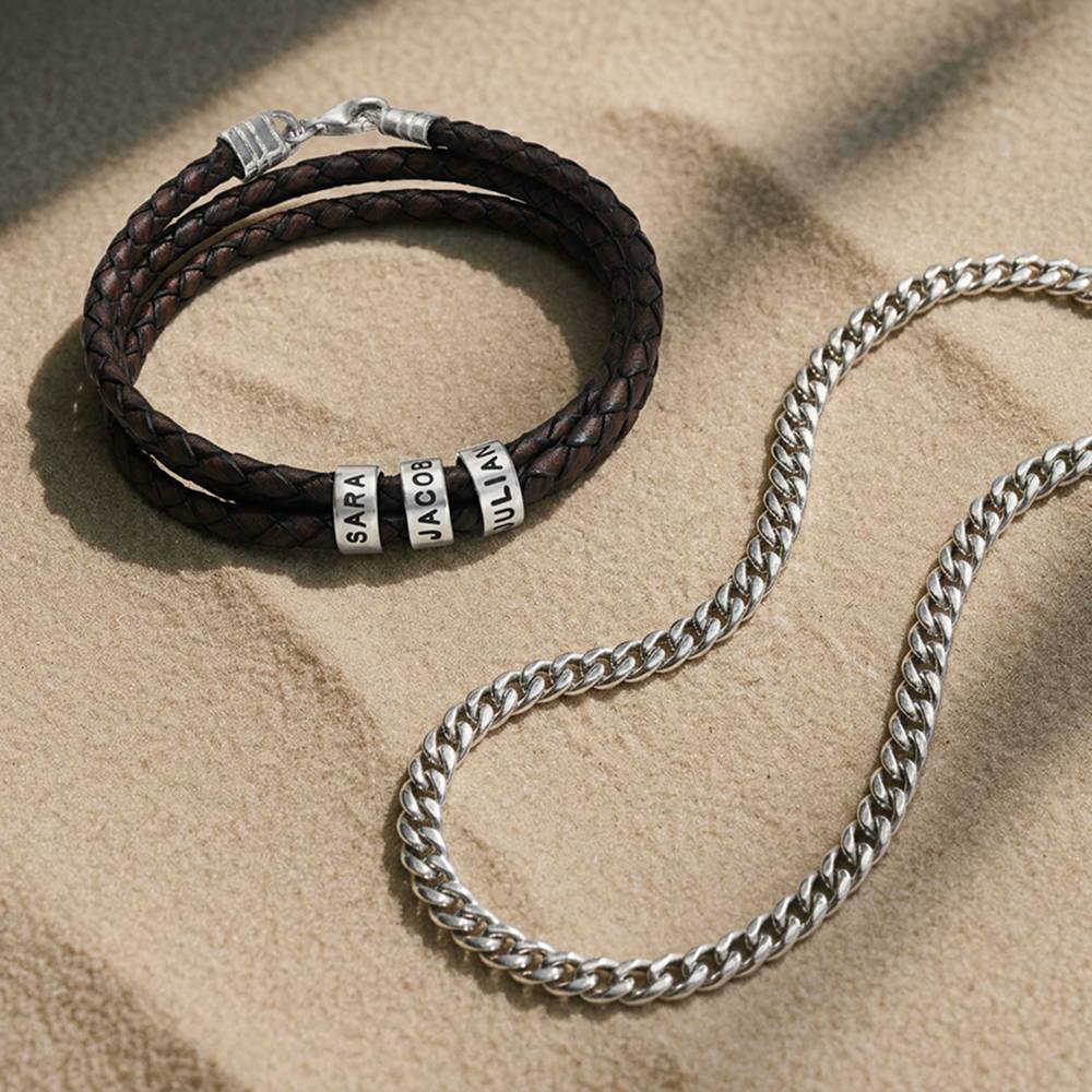 Last Minute Pack "Navigator Brown Braided Leather Bracelet for Men with Custom Beads in 14K Solid White Gold"-1 product photo