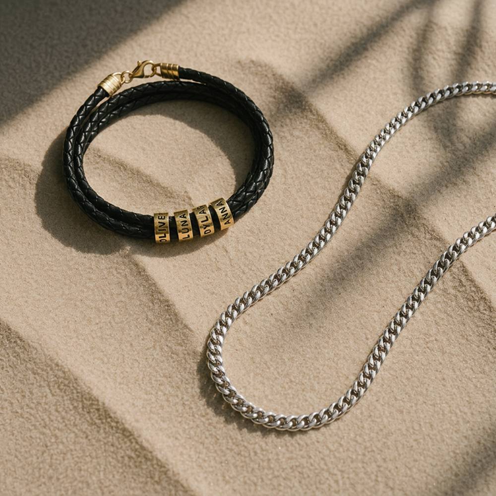 Last Minute Pack "Navigator Braided Leather Bracelet for Men with Custom Beads in Gold Vermeil"-1 product photo
