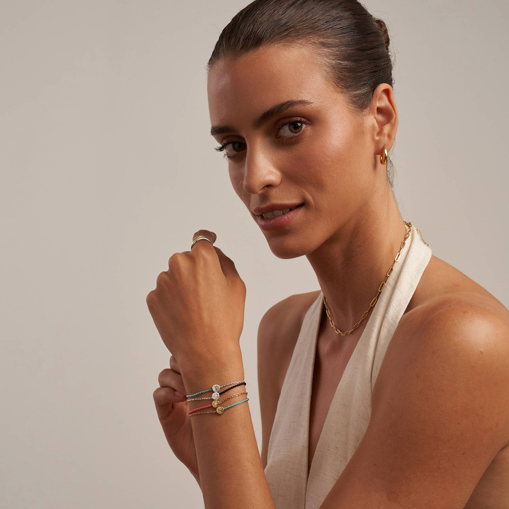 Half and Half Green Initial Bracelet with Diamond in 18K Gold Plating - Version-5 product photo