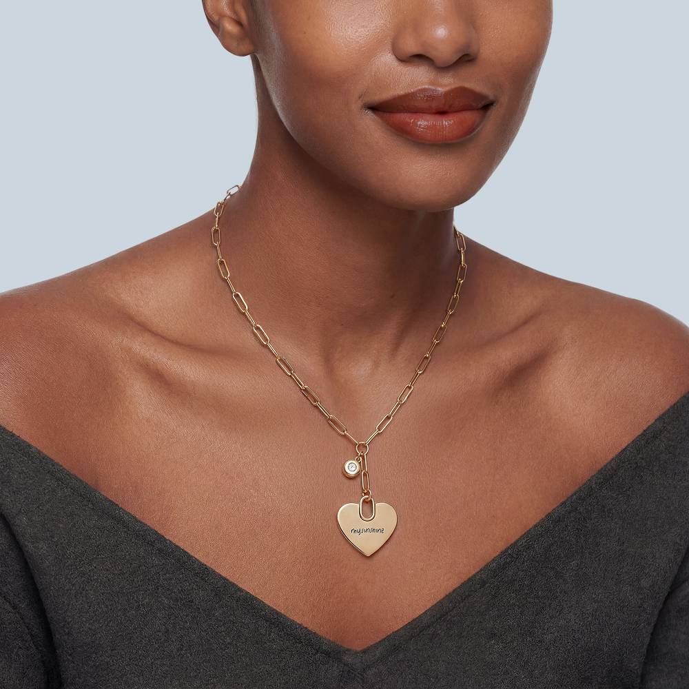 Handwriting Engraved Heart Paperclip Necklace in Gold Plating with Diamonds-1 product photo