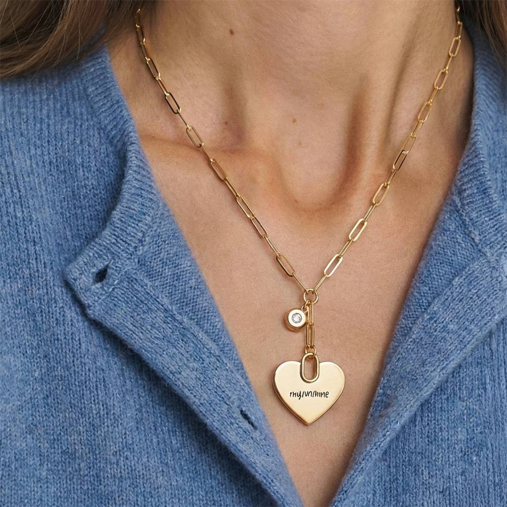 Handwriting Engraved Heart Paperclip Necklace in Gold Plating with Diamonds-5 product photo