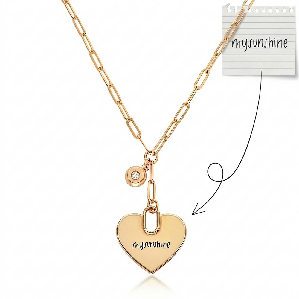 Handwriting Engraved Heart Paperclip Necklace in Gold Plating with Diamonds-6 product photo