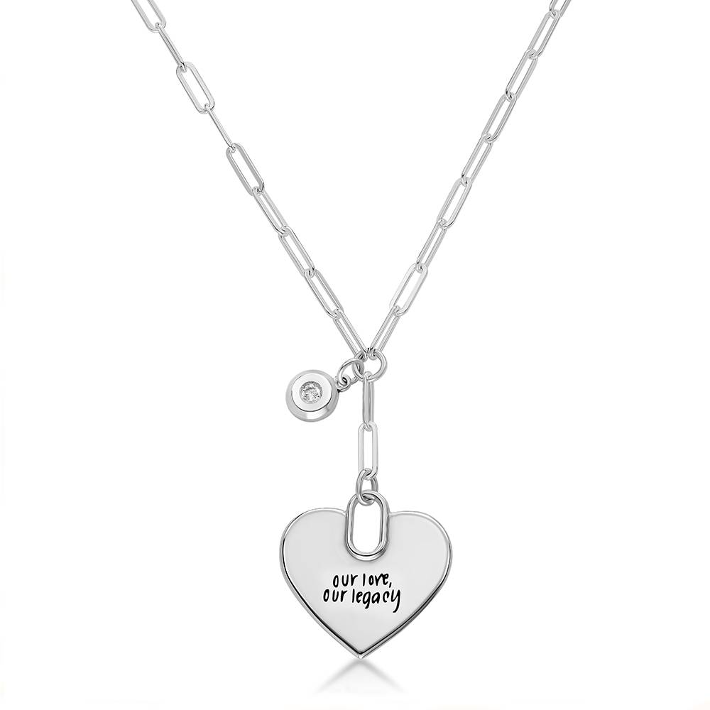 Handwriting Engraved Heart Paperclip Necklace in Silver with Diamonds-1 product photo