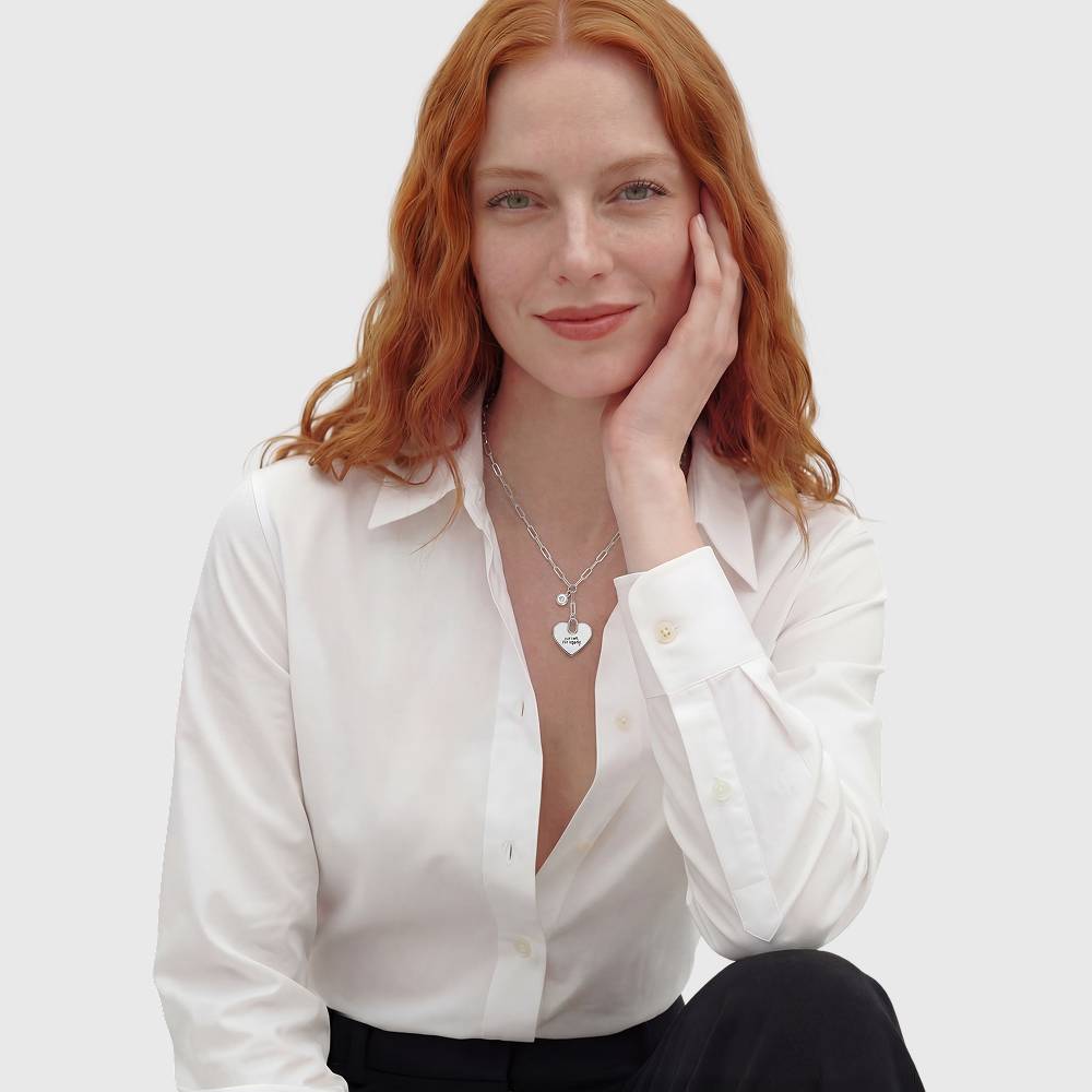 Handwriting Engraved Heart Paperclip Necklace in Silver with Diamonds-2 product photo