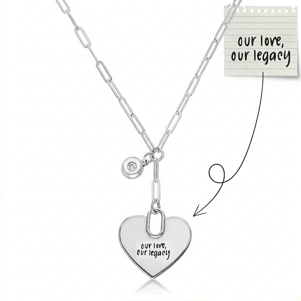 Handwriting Engraved Heart Paperclip Necklace in Silver with Diamonds-5 product photo