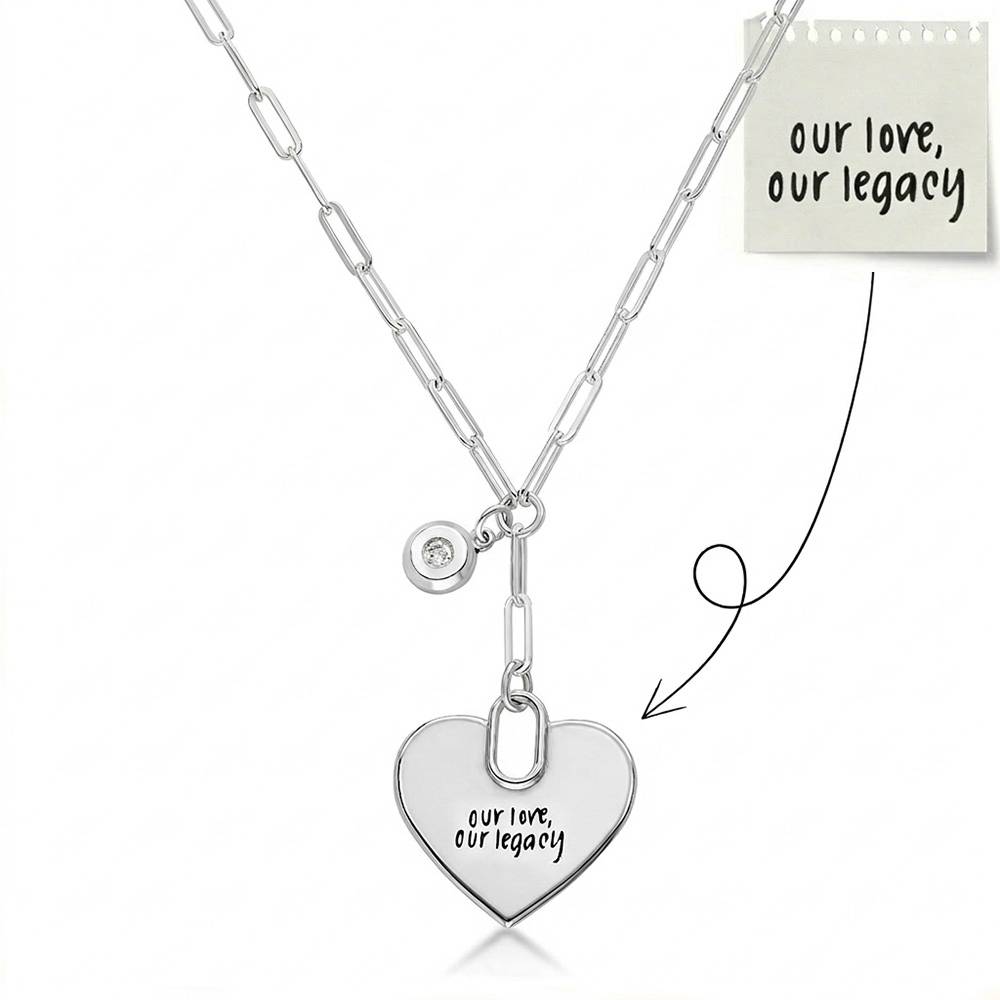 Handwriting Engraved Heart Paperclip Necklace in Silver with Diamonds-4 product photo