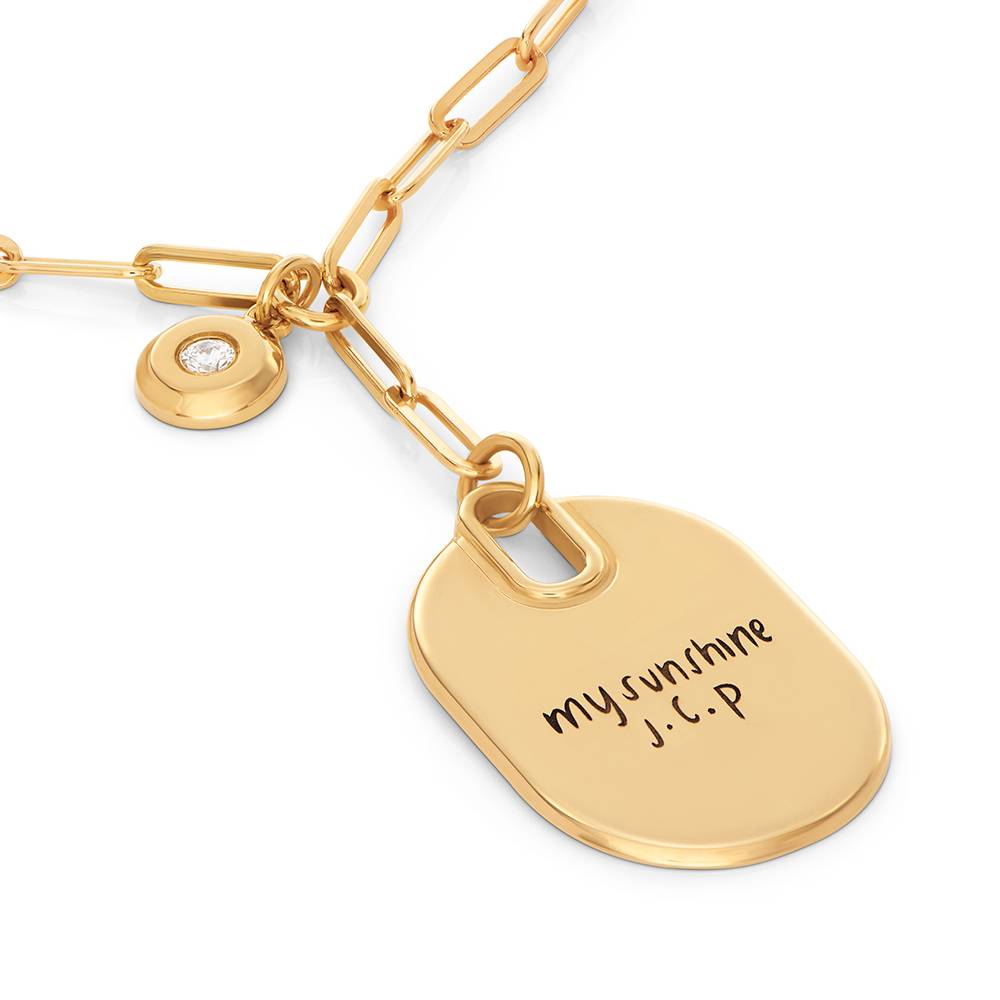 Handwriting Engraved Oval Pendant Paperclip Necklace in Gold Plating with Diamonds-2 product photo