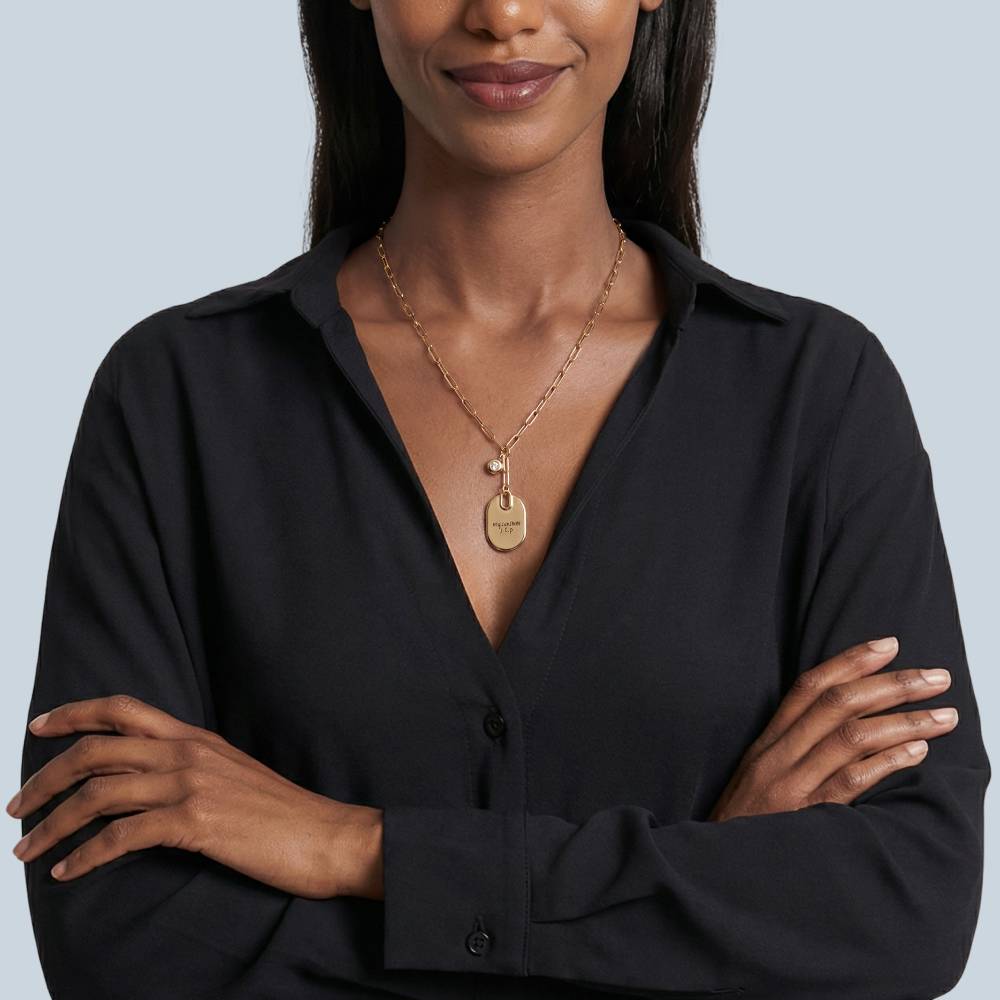 Handwriting Engraved Oval Pendant Paperclip Necklace in Gold Plating with Diamonds-1 product photo