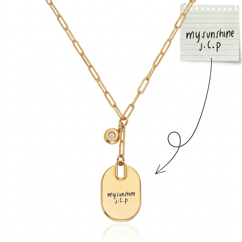 Handwriting Engraved Oval Pendant Paperclip Necklace in Gold Plating with Diamonds-4 product photo