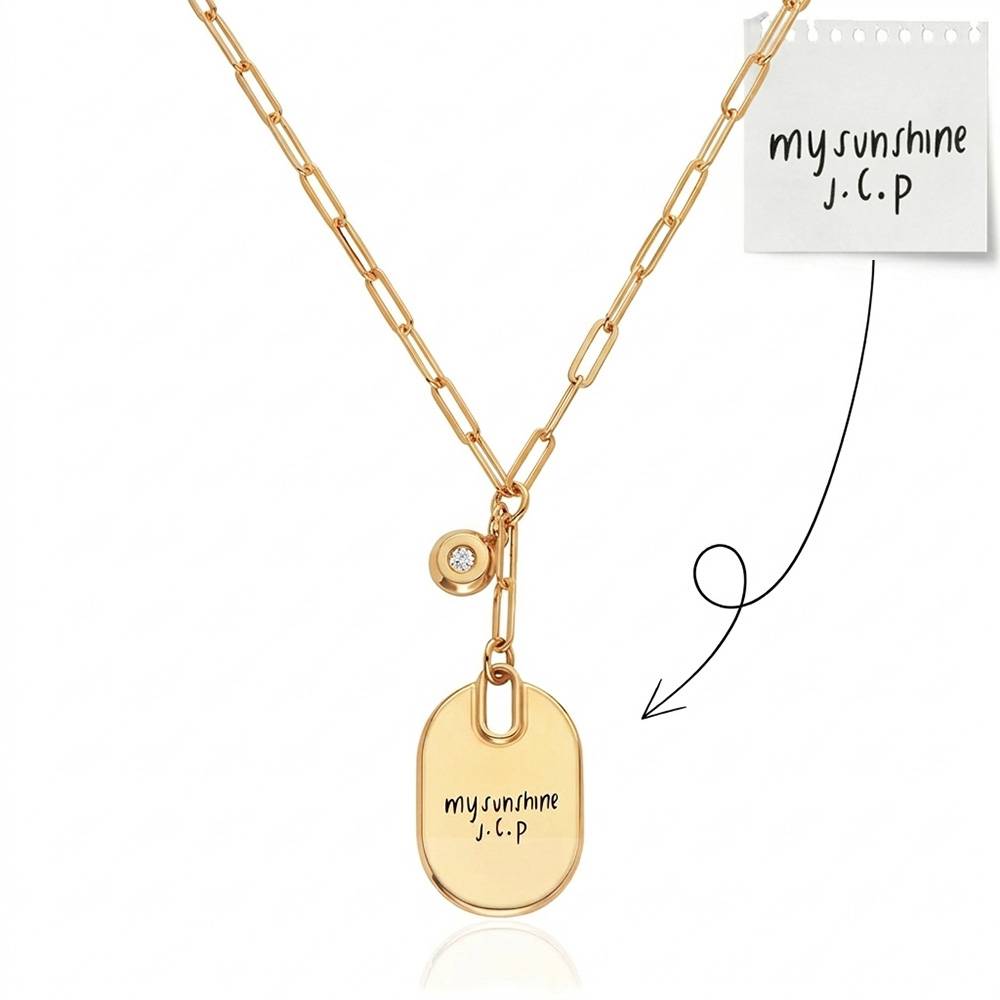Handwriting Engraved Oval Pendant Paperclip Necklace in Gold Plating with Diamonds-4 product photo