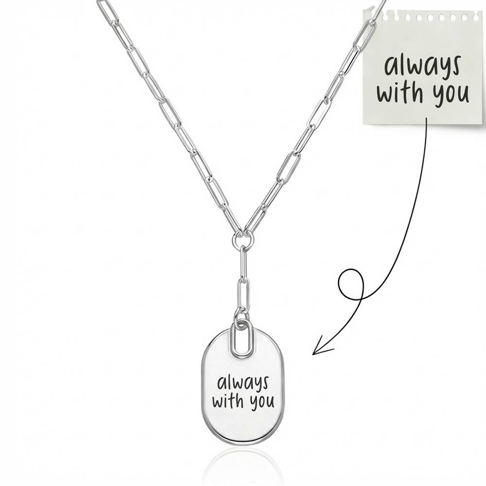 Handwriting Engraved Oval Pendant Paperclip Necklace in Silver