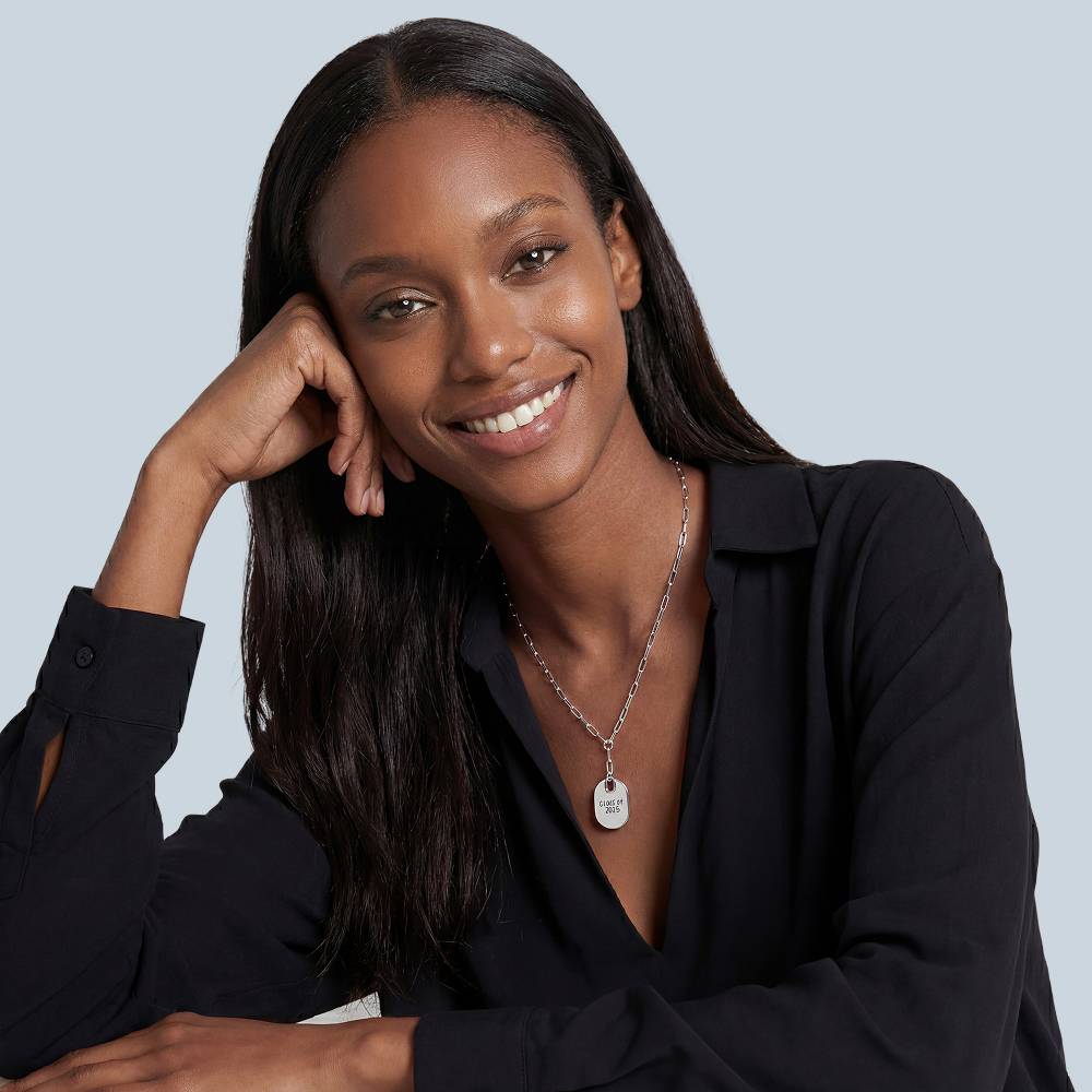 Handwriting Engraved Oval Pendant Paperclip Necklace in Silver-1 product photo