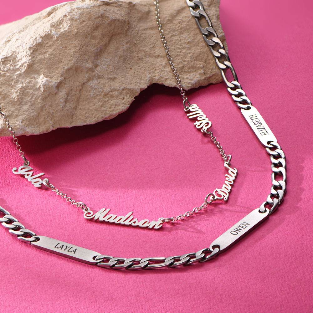 His & Hers Multi Name Necklaces in Sterling Silver and Stainless Steel-1 product photo