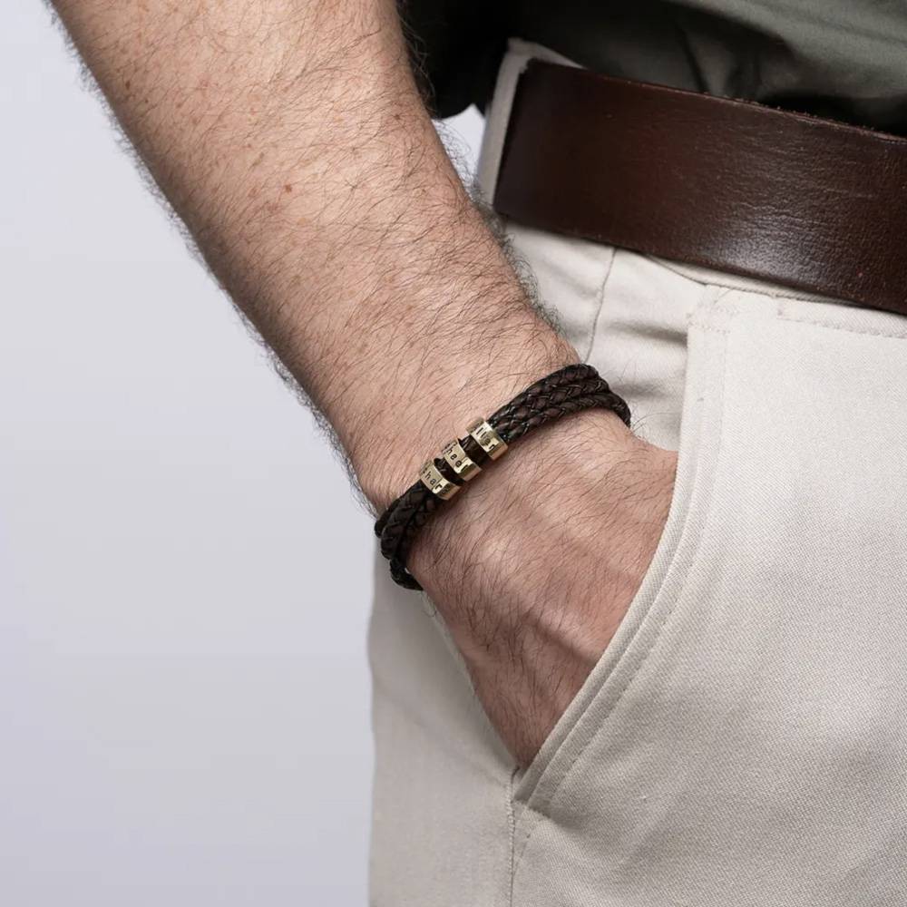 Last Minute Pack "Navigator Brown Leather Bracelet in 14K Solid Yellow Gold"-4 product photo