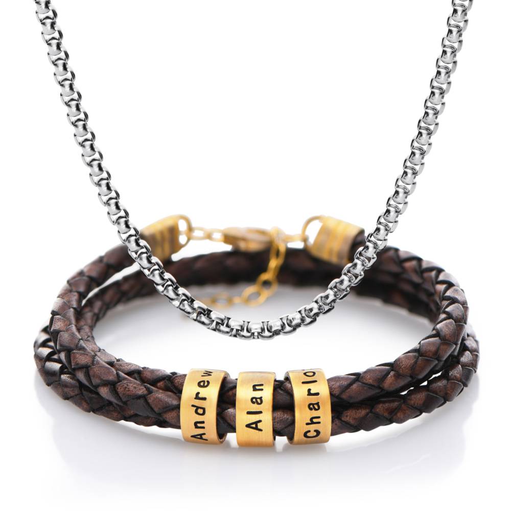Last Minute Pack "Navigator Brown Leather Bracelet in 14K Solid Yellow Gold"-3 product photo
