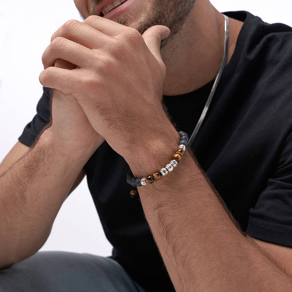 Lava Stones & Tiger Eye Stones - Men's Beaded Bracelet in Silver-2 product photo
