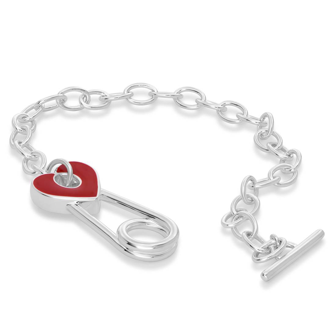 Love Locked Safety Pin Bracelet with Heart Charm in Silver Finish-3 product photo
