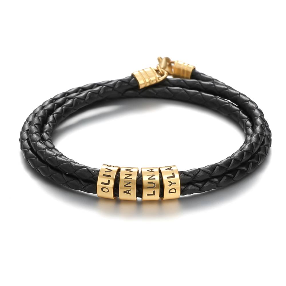 Navigator Braided Leather Bracelet for Men with Small Custom Beads in Gold Plating-2 product photo