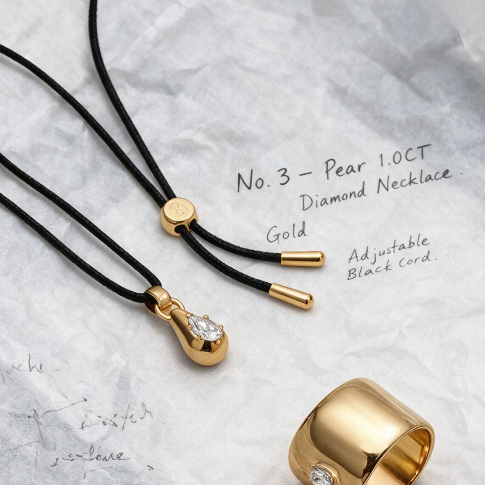 No. 3 Pear 1.0CT Diamond Necklace in Gold on an Adjustable Black Cord-3 product photo
