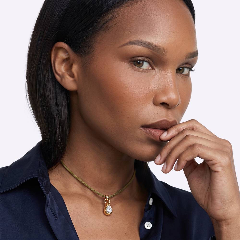 No. 3 Pear 1.0CT Diamond Necklace in Gold on an Adjustable Olive Green Cord