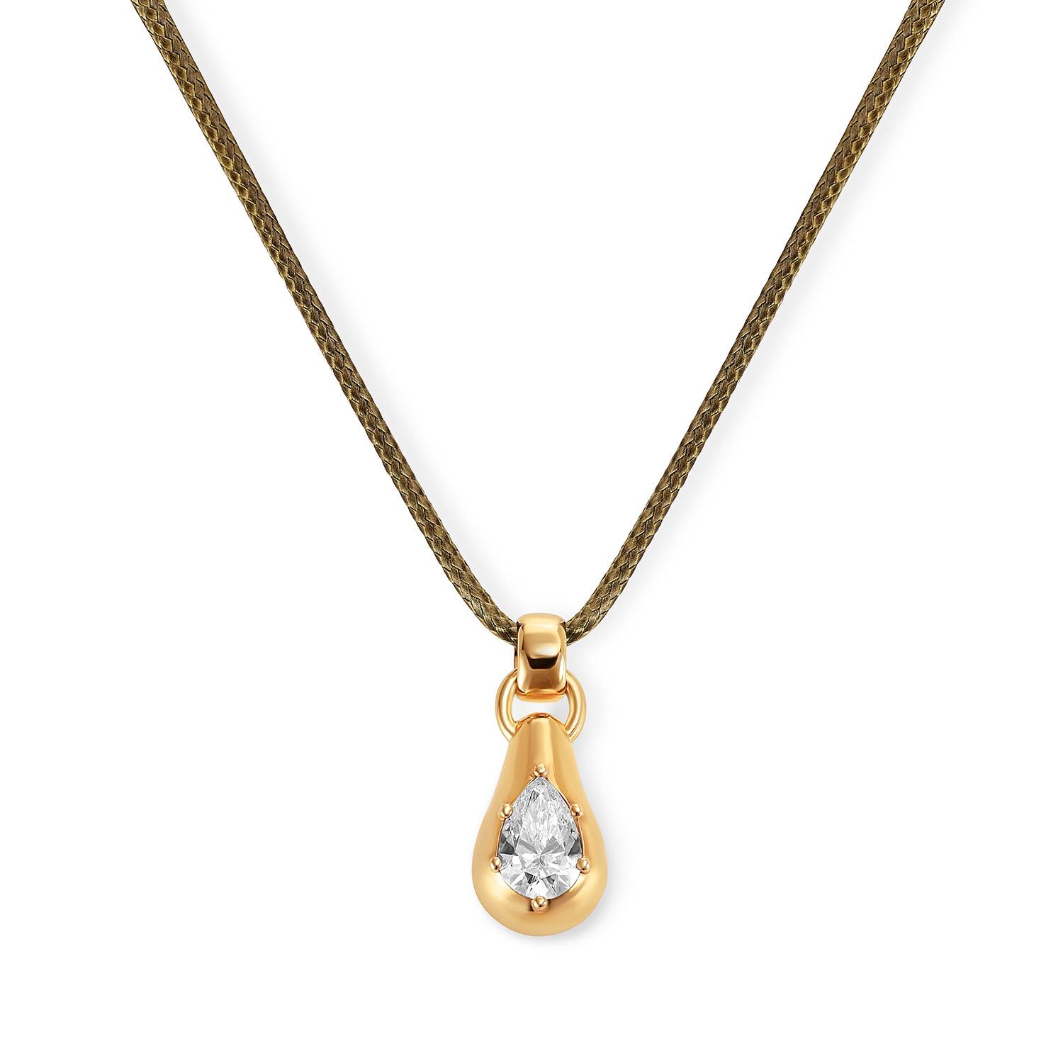 No. 3 Pear 1.0CT Diamond Necklace in Gold on an Adjustable Olive Green Cord