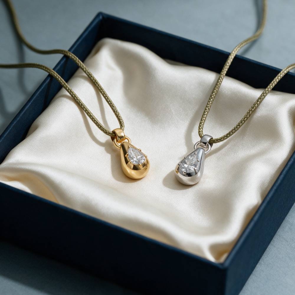 No. 3 Pear 1.0CT Diamond Necklace in Silver on an Adjustable Olive Green Cord-3 product photo