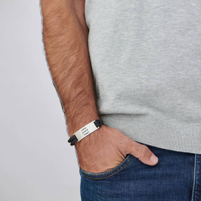 Engraved Bar Cord Bracelet For Men in Sterling Silver-4 product photo
