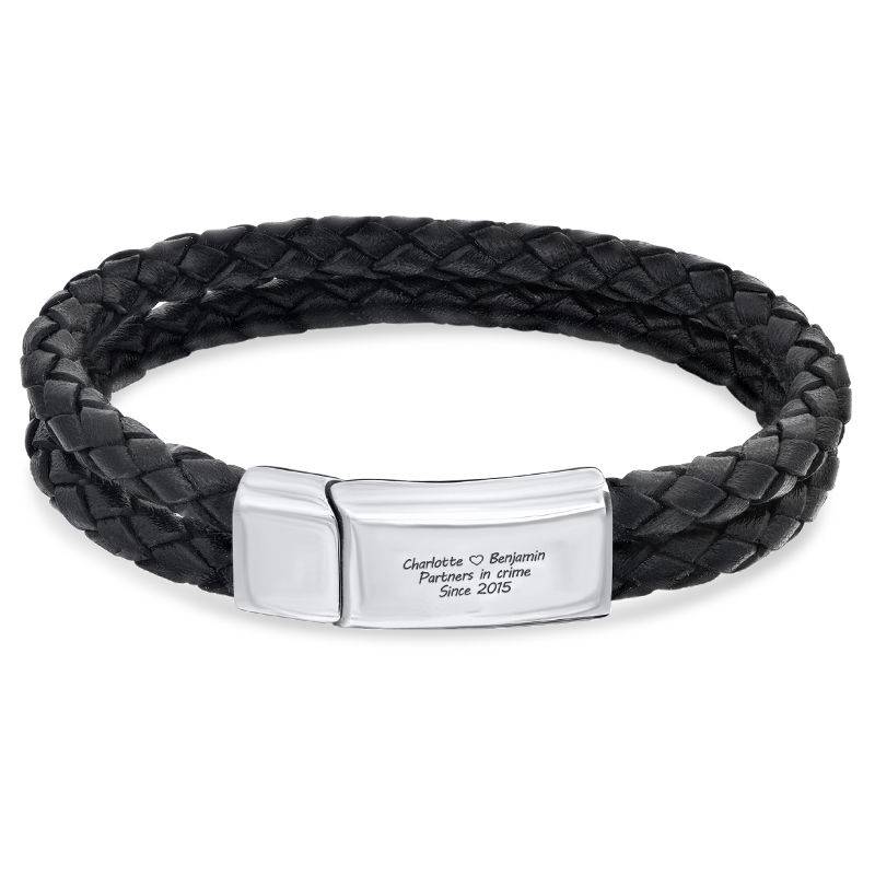 Engraved Bracelet for Men in Stainless Steel and Black Leather-2 product photo