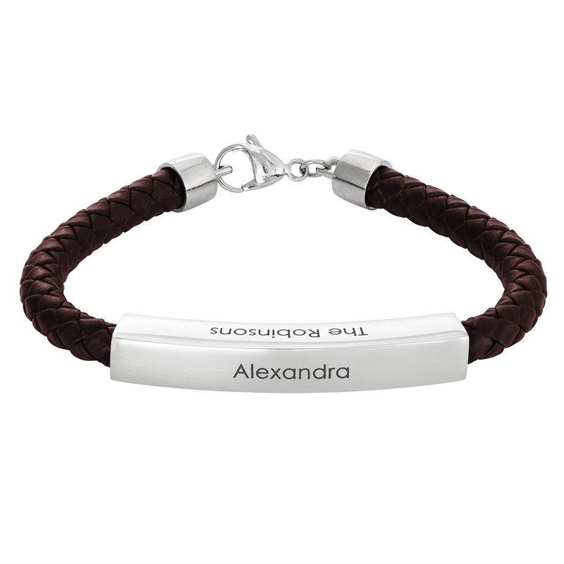Engraved Leather Bar Bracelet for Men- in Brown-3 product photo