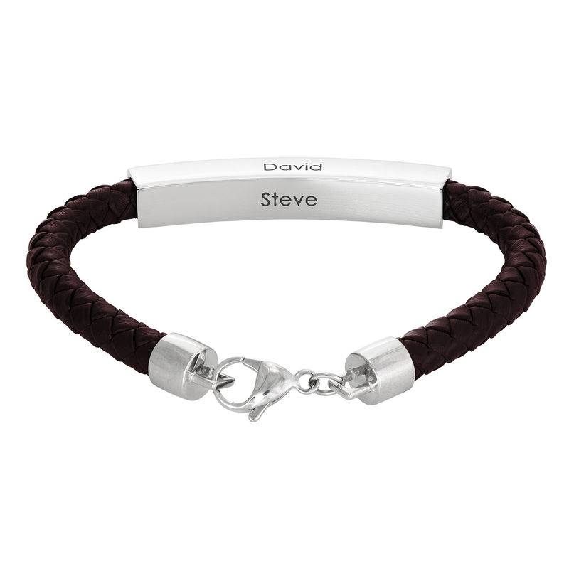 Engraved Leather Bar Bracelet for Men- in Brown-2 product photo