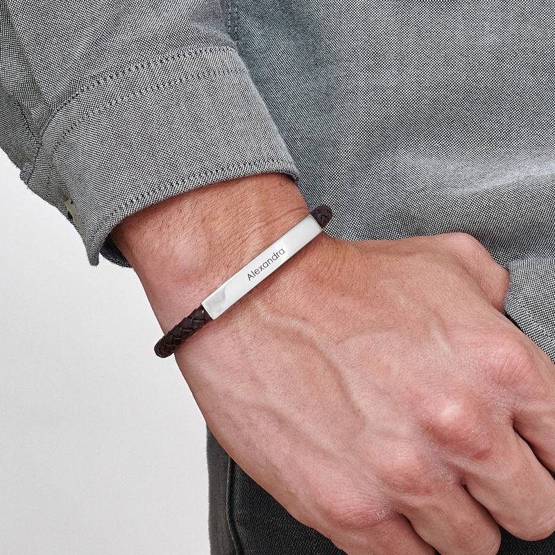 Engraved Leather Bar Bracelet for Men- in Brown-1 product photo