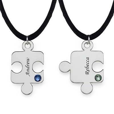 Engraved Puzzle Necklace for Couples with Birthstones in Sterling Silver-2 product photo