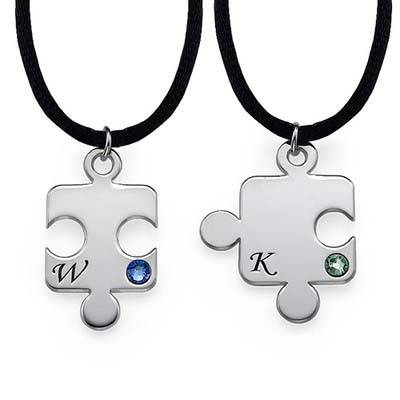 Engraved Puzzle Necklace for Couples with Birthstones in Sterling Silver-5 product photo