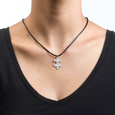 Engraved Puzzle Necklace for Couples with Birthstones in Sterling Silver-1 product photo