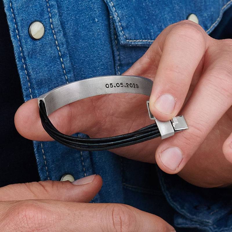 Half Cuff Bracelet in Silver with Black Leather Cords-2 product photo