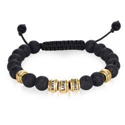 Men's 18K Gold Plated Bracelet With Lava Rock & Onyx Beads - Adjustable Stainless Steel Link