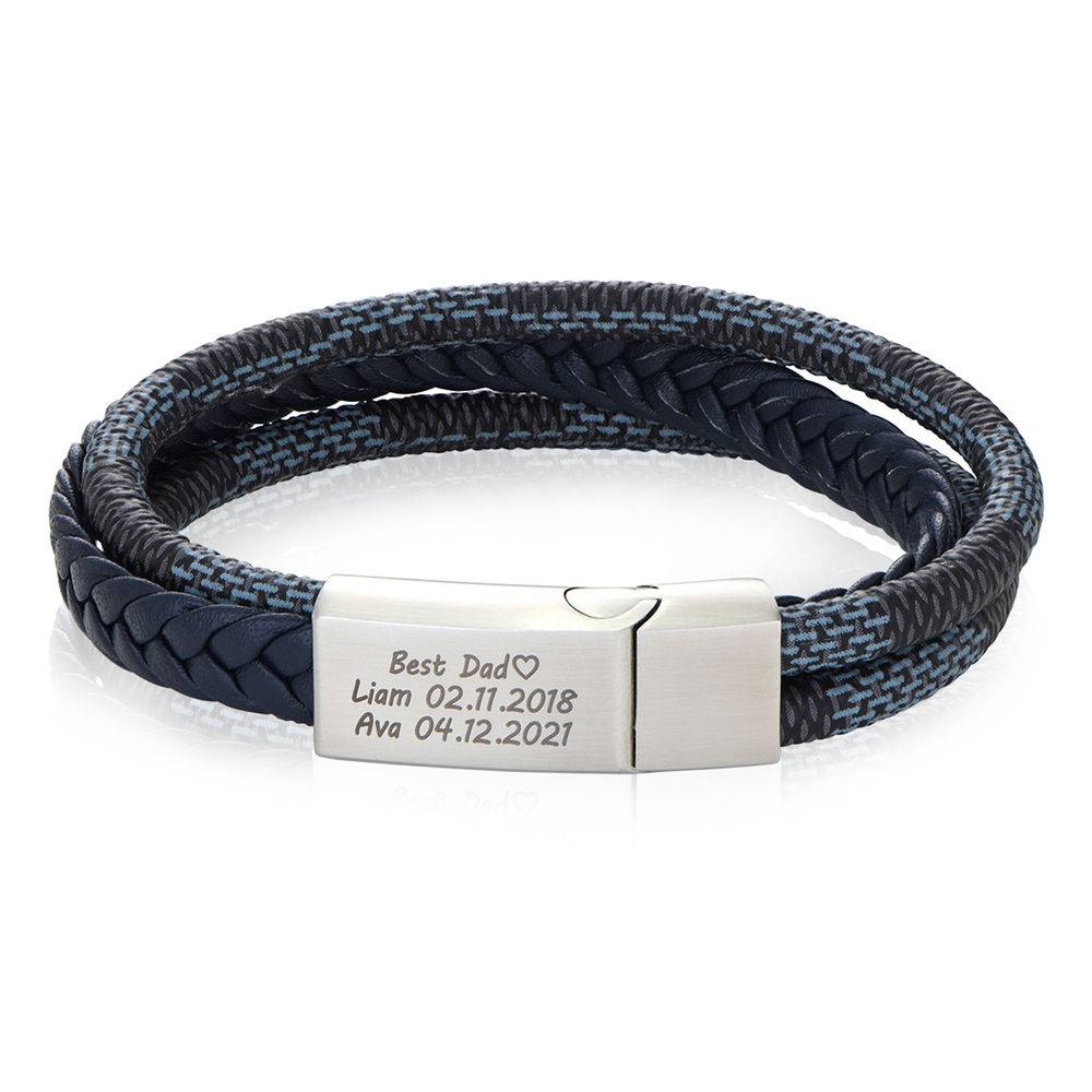 Men's 3-Layer Blue & Grey Braided Leather Bracelet with Stainless Steel-2 product photo